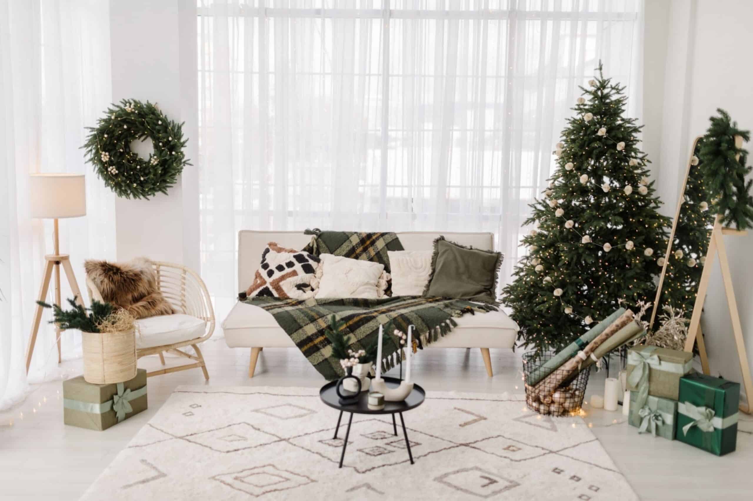 Christmas living room interior with a big Christmas tree