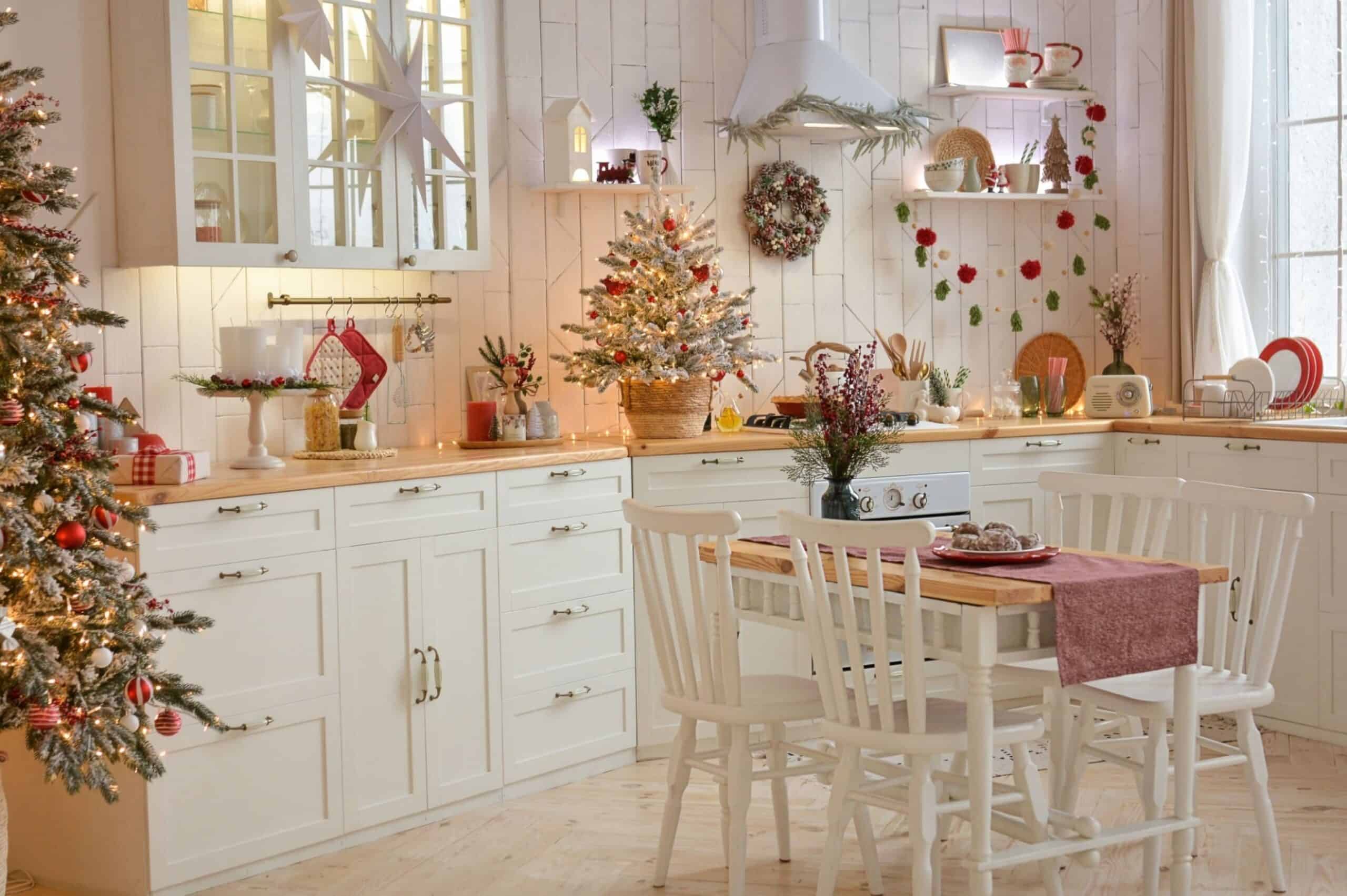 light white Christmas kitchen with red decor elements