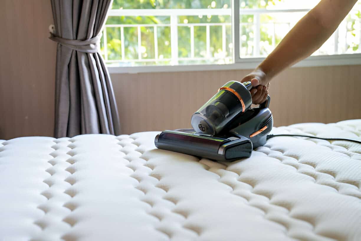 How to Clean Memory Foam Tidyhere Image of a Man Removing Dust on Mattress with Vacuum Cleaner