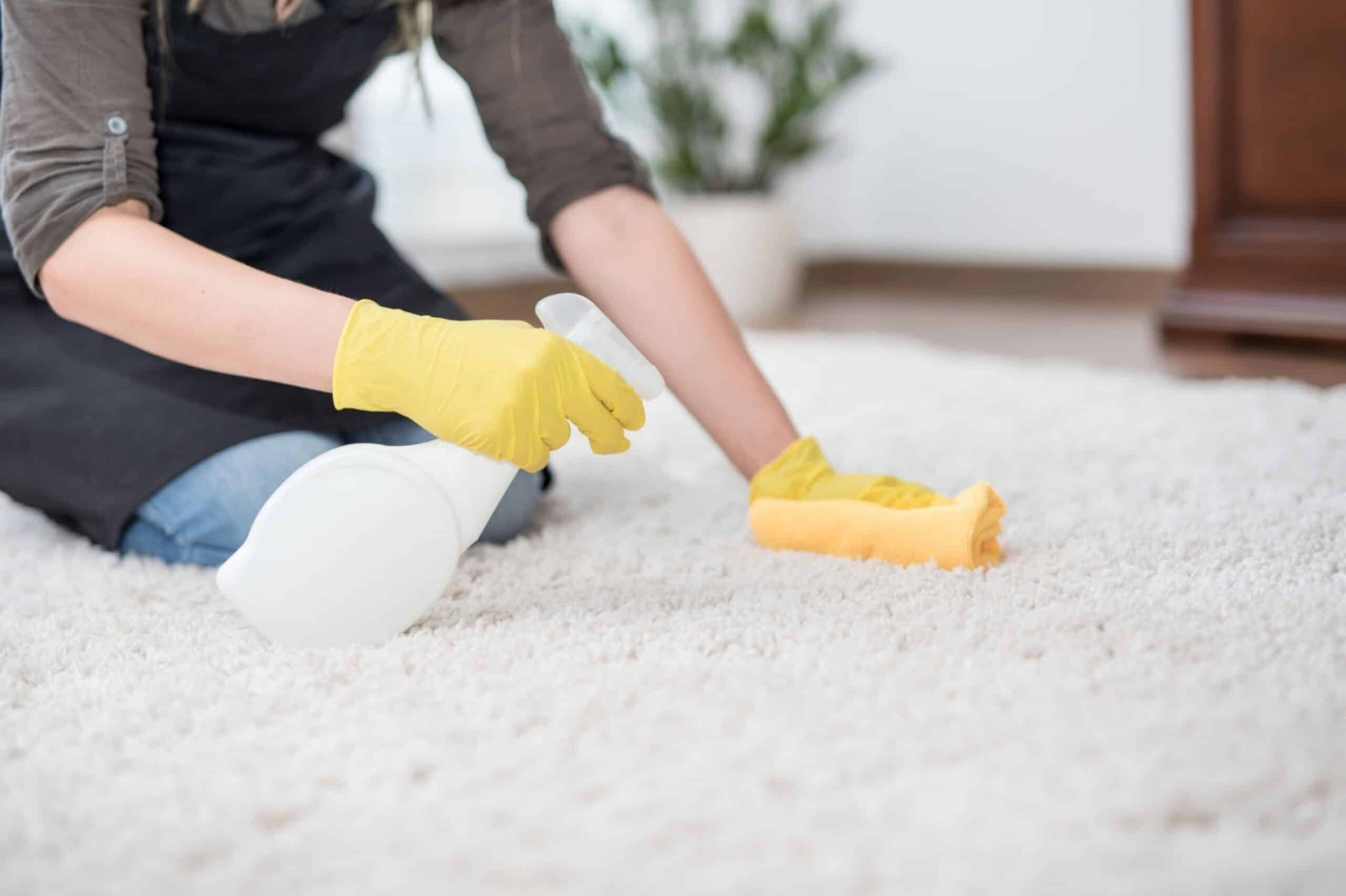 How to Clean Vomit From Your Carpet Image Woman Cleaning Carpet.